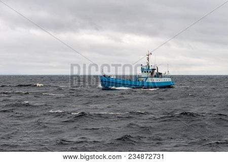 Russia, Island Valaam - August 18, 2017:  Cargo-passenger Ship Sainted Nikolai With Cargo And Touris