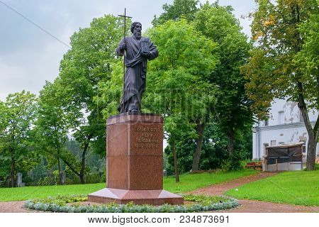 Russia, Island Valaam - August 18, 2017: Savior Transfiguration Valaam Stauropegial Monastery, Statu