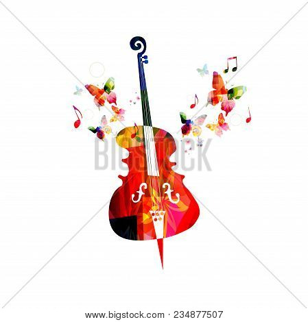Music Colorful Background With Violoncello. Music Festival Poster. Cello Isolated Vector Illustratio