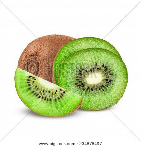 Ripe Whole Kiwi Fruit And Half Kiwi Fruit Isolated On White Background.