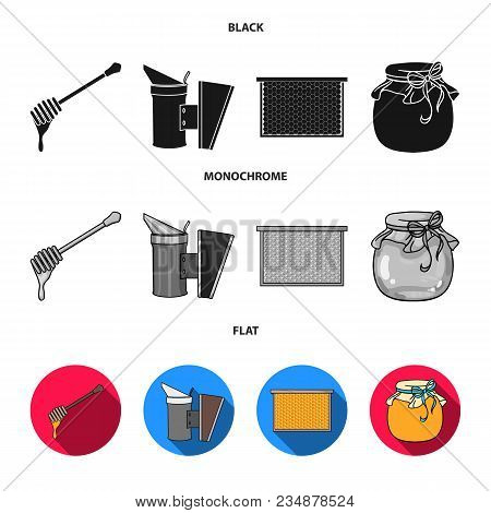 A Frame With Honeycombs, A Ladle Of Honey, A Fumigator From Bees, A Jar Of Honey.apiary Set Collecti
