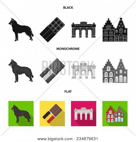 Chocolate, Cathedral And Other Symbols Of The Country.belgium Set Collection Icons In Black, Flat, M