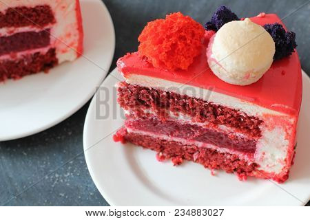 Red Velvet. Tasty Red Homemade Cake Decorated By Macarons. Modern Photo