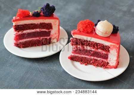 Red Velvet. Tasty Red Homemade Cake Decorated By Macarons. Modern Photo