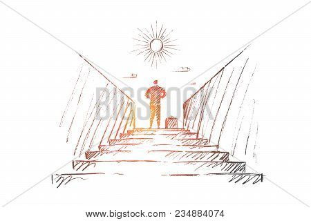 Vector Hand Drawn New Work Concept Sketch. Bisinessman Standing Backwards At Top Of Stairway And Loo
