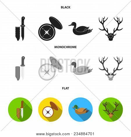 Knife With A Cover, A Duck, A Deer Horn, A Compass With A Lid.hunting Set Collection Icons In Black,