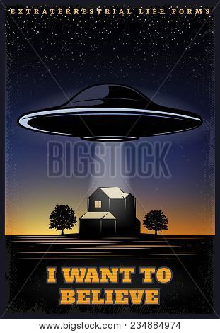 Vintage Colored Ufo Template With Extraterrestrial Spaceship Abducting Human From House Vector Illus