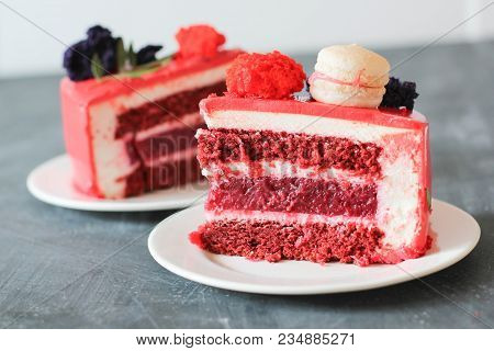 Red Velvet. Tasty Red Homemade Cake Decorated By Macarons. Modern Photo