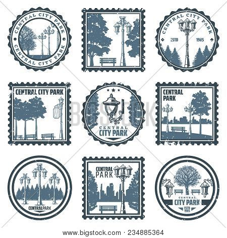 Vintage Central City Park Emblems Set With Inscriptions Old Street Lanterns Trees Benches Isolated V