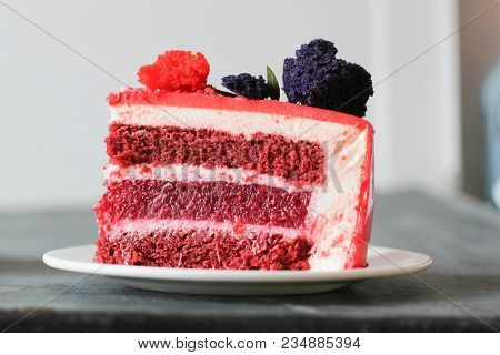 Red Velvet. Tasty Red Homemade Cake. Modern Photo