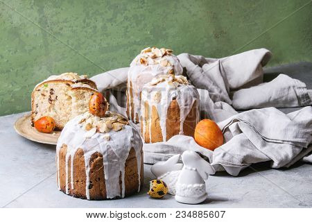 Set Of Traditional Russian And Ukrainian Easter Cake Kulich Paska Bread Glazed With Almond, Whole An