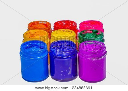 Colorful Of Plastisol Ink In Glass Bottles.