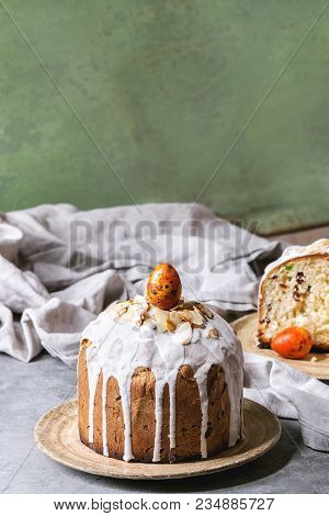 Set Of Traditional Russian And Ukrainian Easter Cake Kulich Paska Bread Glazed With Almond, Whole An