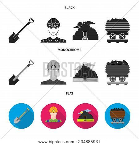 A Shovel, A Miner, An Entrance To A Mine, A Trolley With Coal.mine Set Collection Icons In Black, Fl
