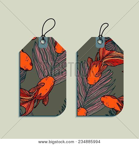 Set Of Tropical Leaves And Golden Fishes Gift Tags. Paper Labels. Flat Design. Vector Illustration.