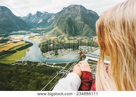 Couple Man And Woman Holding Hands Enjoying Mountains Landscape Love And Travel Lifestyle Adventure 