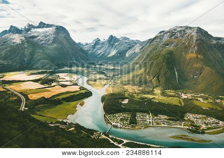 Landscape Mountains Valley And River In Norway Travel Scenery Scandinavian Nature Andalsnes Romsdals