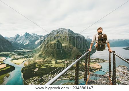 Active Man Training Sport In Mountains Landscape Travel Fitness Healthy Lifestyle Adventure Vacation