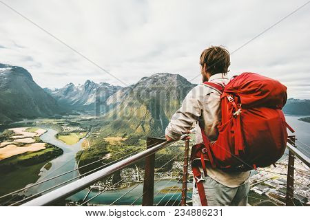 Backpacker Traveling In Norway Enjoying Aerial Mountains Landscape Lifestyle Adventure Vacations Tra