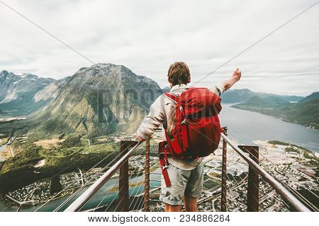 Traveler Man Raised Hand Showing Mountains Travel Lifestyle Adventure Summer Vacations Success Happy