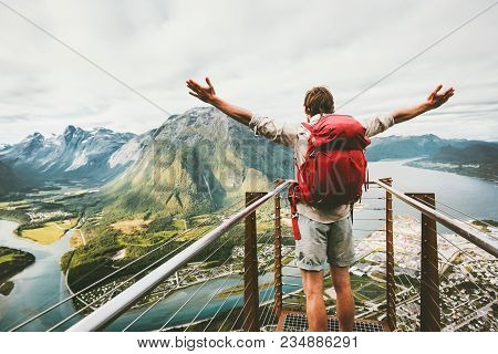 Happy Man Raised Hands Enjoying Aerial Mountains Landscape Travel Lifestyle Adventure Vacations Succ