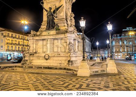 Lisbon - April 01 , 2018 : Monument To The Restorers  At Restauradores Square In Lisbon, Portugal