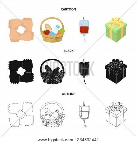 Gesture Of The Hands In Support, A Basket With Food For Charity, Donor Blood, A Gift Donation Box. C