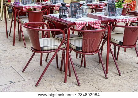 Lisbon - April 01 , 2018 : Cafe Terrace In The Pedestria Area Of The Barrio Alto, Or Upper Town, In 