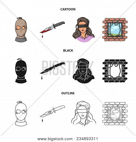 A Thief In A Mask, A Bloody Knife, A Hostage, An Escape From Prison.crime Set Collection Icons In Ca
