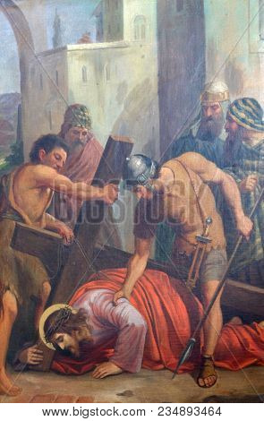 SISAK, CROATIA - DECEMBER 07: 9th Stations of the Cross, Jesus falls the third time, Church of Visitation of the Virgin Mary in Sisak, Croatia, on December 07, 2017.