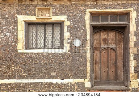 Norwich, Uk - March 30, 2018: Details Of The Facade Of A Timbered Framed House Located On Colegate A
