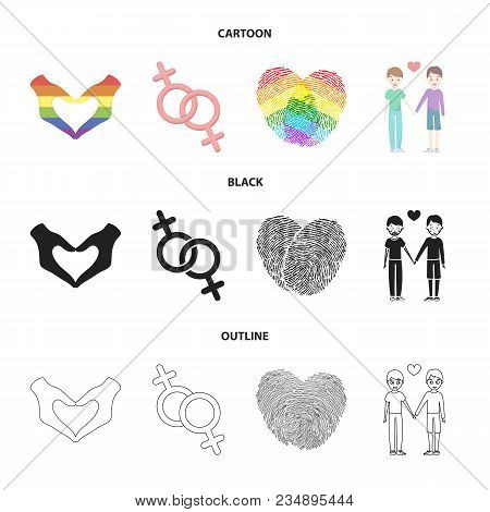 Hands, Feminism, Fingerprints. Gay Set Collection Icons In Cartoon, Black, Outline Style Vector Symb
