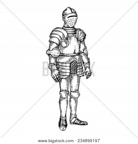 Knight Armour Engraving Vector Illustration. Scratch Board Style Imitation. Black And White Hand Dra