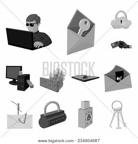 Hacker And Hacking Monochrome Icons In Set Collection For Design. Hacker And Equipment Vector Symbol