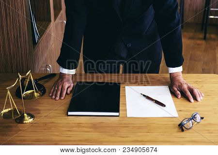 Judge Gavel With Justice Lawyers, Businessman In Suit Or Lawyer Working On A Documents. Legal Law, A