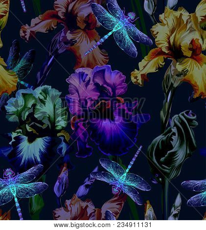 Dragonfly And Flowers. Vector Seamless Pattern. Dark Blue Backgrounds. Summer Night.