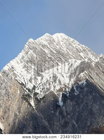 Panoramic View Of An High Mountain Called Amariana In The Alps With Snow In Norhtern Italy