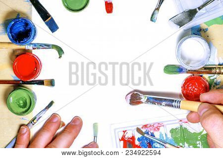 Color Gouache Jars On White Background. Top View, Copy Space