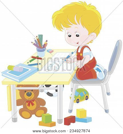 Little Boy Doing His Homework In An Exercise Book With Samples Of Writing, A Vector Illustration In 