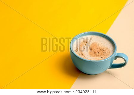 Cup Of Aromatic Hot Coffee On Color Background