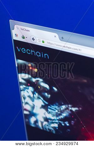 Ryazan, Russia - March 29, 2018 - Homepage Of Vechain Cryptocurrency On Pc Display, Url - Vechain.co