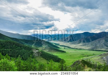 Landscape Of A Mountain Valley. Chike-taman Road Pass, Altai.
