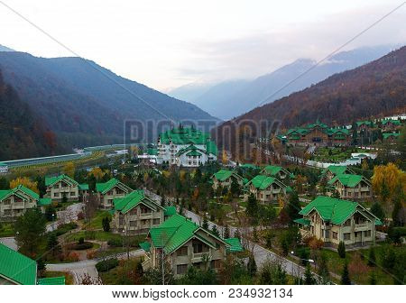 Sochi, Russia - November 16, 2017: Baywalk Nearby Rosa Khutor. Olympic Village Roza Khutor