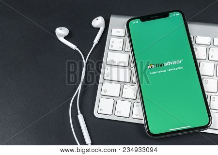 Sankt-petersburg, Russia, April 6, 2018: Tripadvisor Application Icon On Apple Iphone X Screen Close