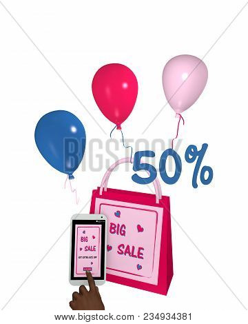 Pink Shopping Bag With Balloons, A Mobile Phone With Sale 50% Advertising And A Finger Pressing On A