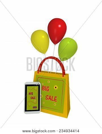 Summery Shopping Bag With Balloons And A Mobile Phone With Sale 30% Advertising. 3d Rendering