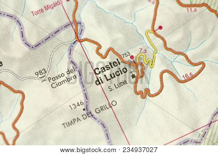 Castel Di Lucio. Map. The Islands Of Sicily, Italy.
