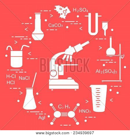 Chemistry Scientific, Education Elements: Microscope, Flasks, Tripod, Formulas, Beaker, Amoeba, Meas