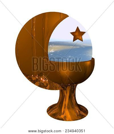 Goblet With Crescent And The Sea. Water Flows Over The Goblet. Isolated On White. 3d Rendering