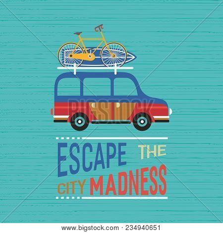 Time For Adventure Travel Icon. Tourism Trip Sign. Offroad Vehicle, Mimi Truck With Surfboad Bicycle